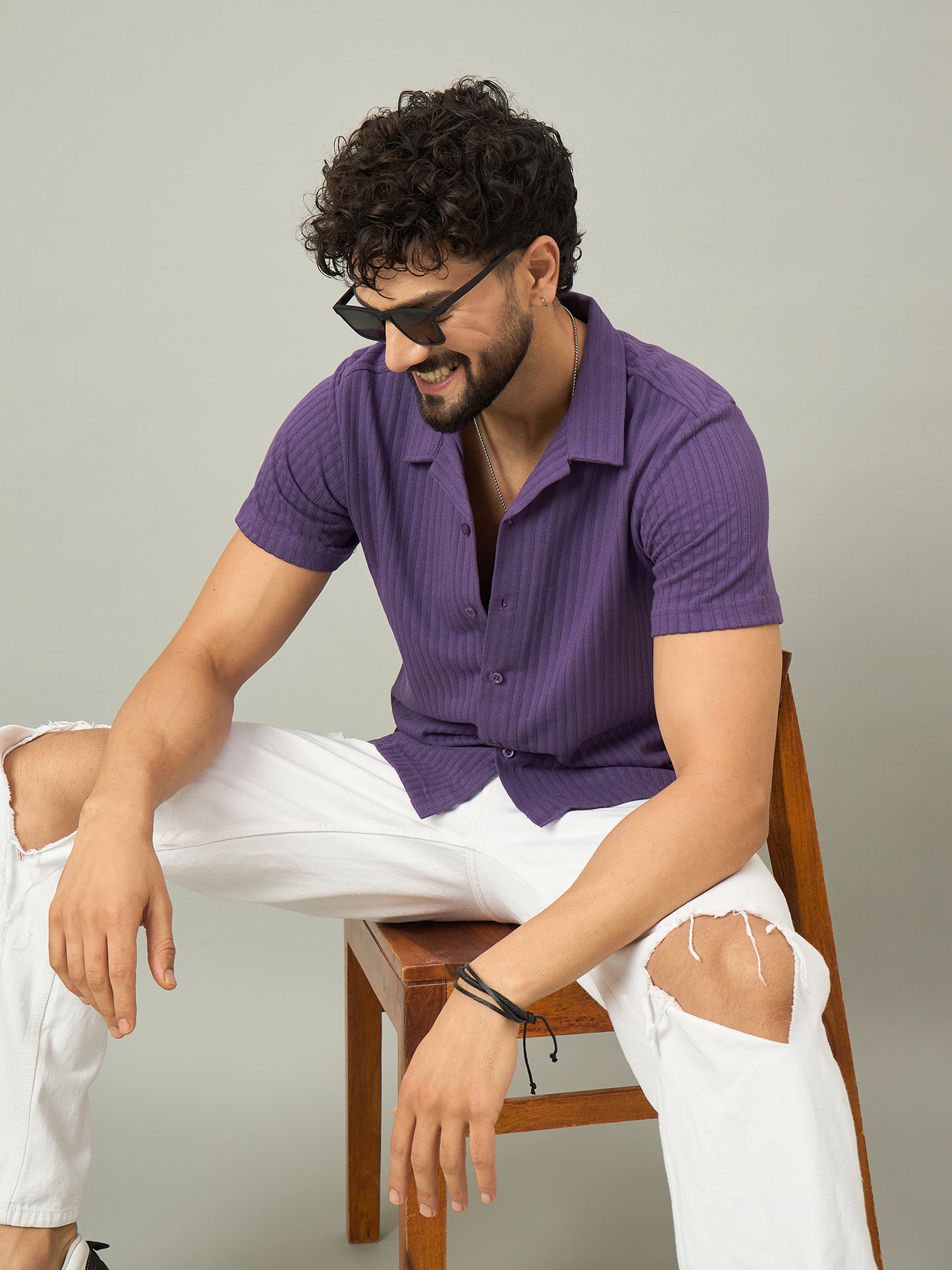 Men Purple Textured Half Sleeve Shirt - Reprise