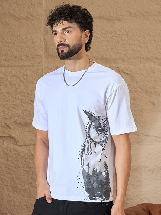Men Printed Oversized Round Neck Drop Shoulder T-shirt White - Reprise