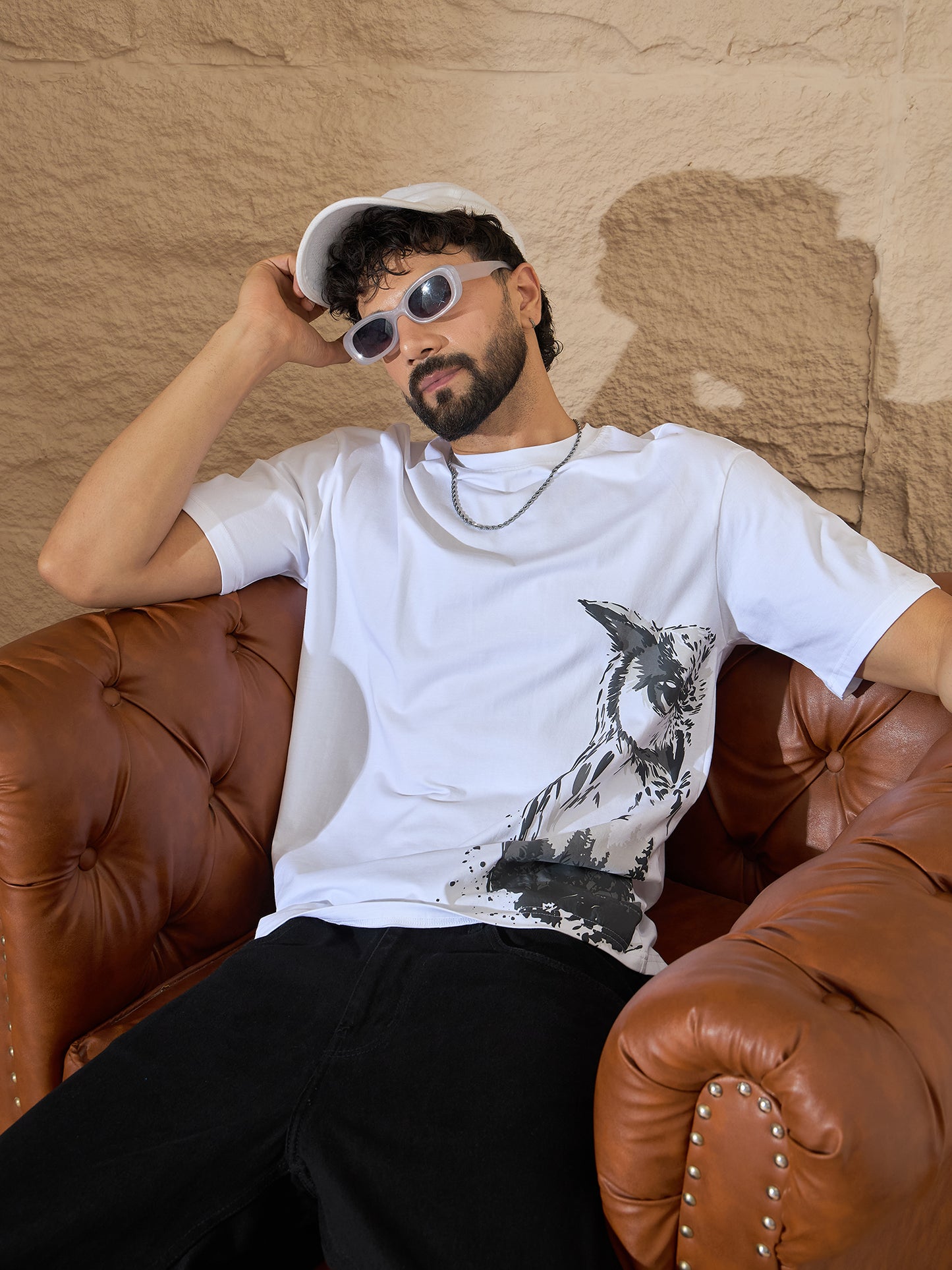 Men Printed Oversized Round Neck Drop Shoulder T-shirt White - Reprise