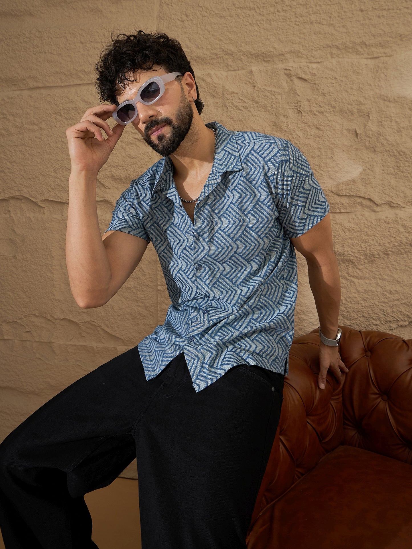 Men Light Blue Printed Half Sleeve Shirt - Reprise