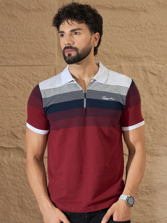 Men Striped Polo T-Shirt Maroon - Reprise