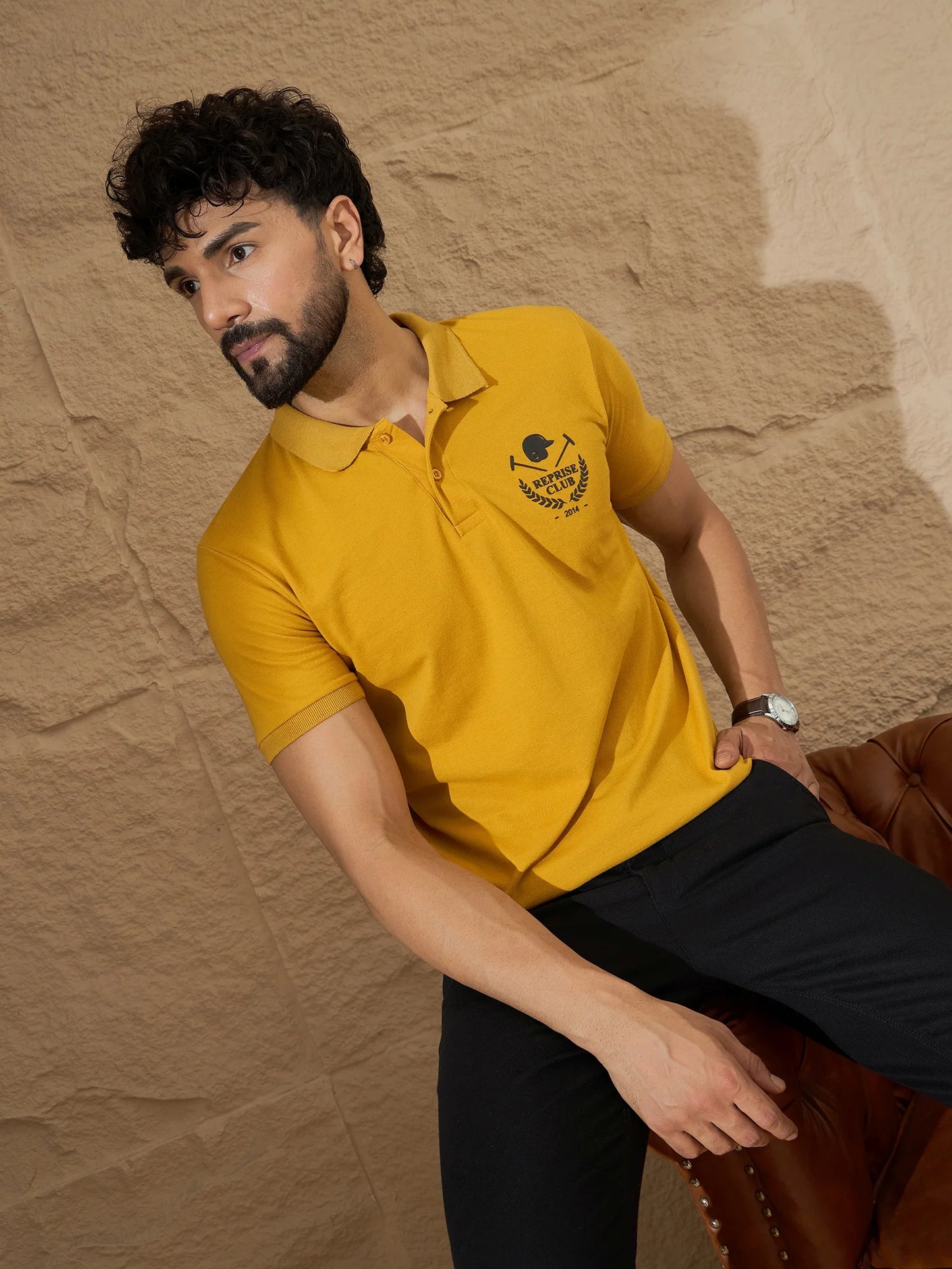 Men Printed Polo T-Shirt Mustard - Reprise