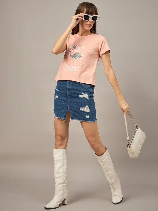Women Printed Regular Fit T-shirt Peach