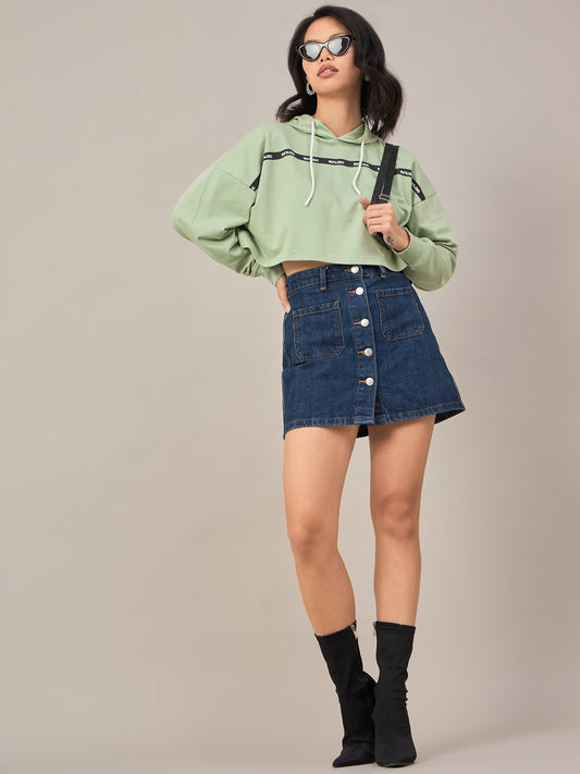 Green Women Solid Cropped Hoodie Sweatshirt