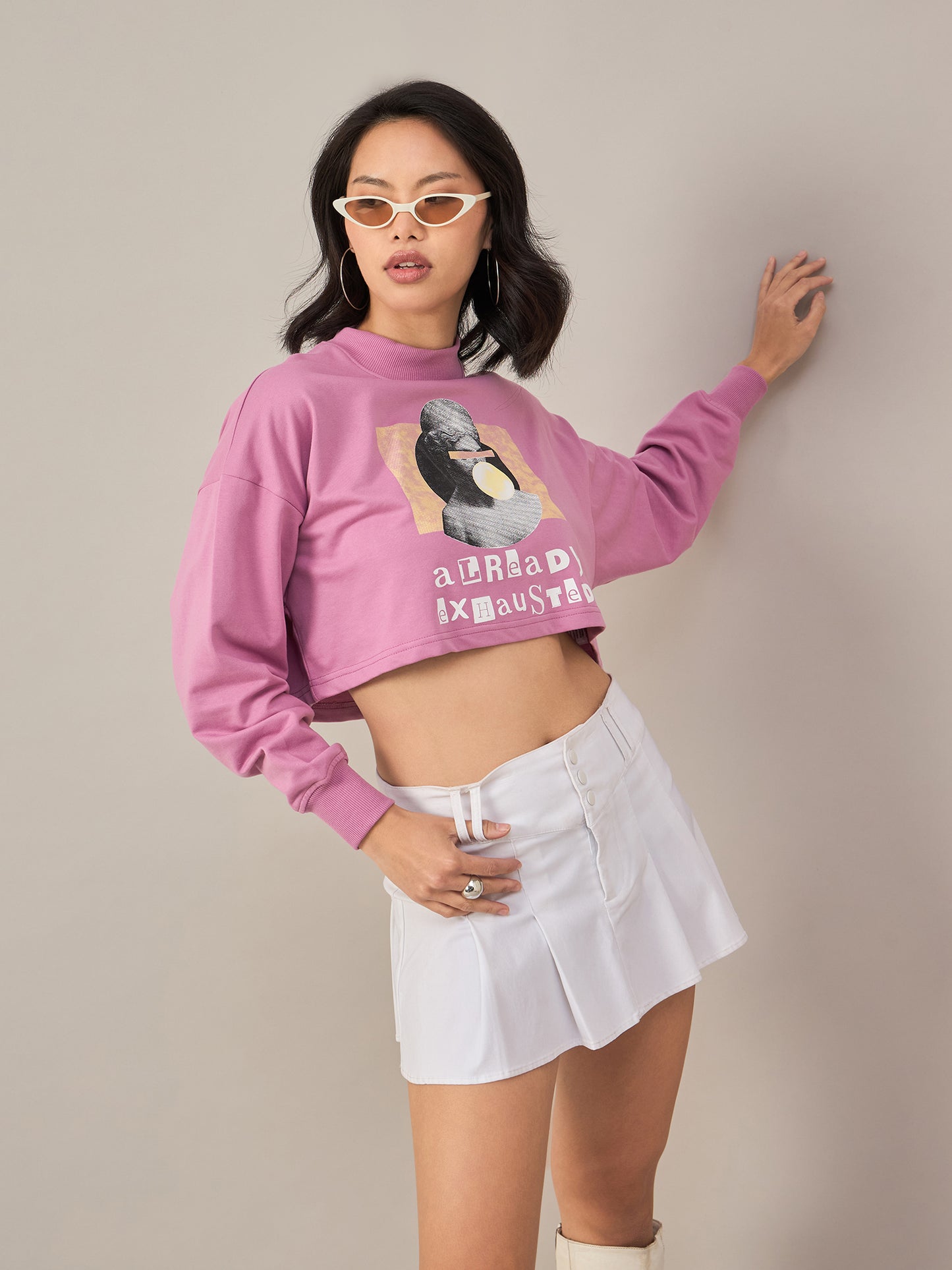 Pink Women Solid Cropped Sweatshirt