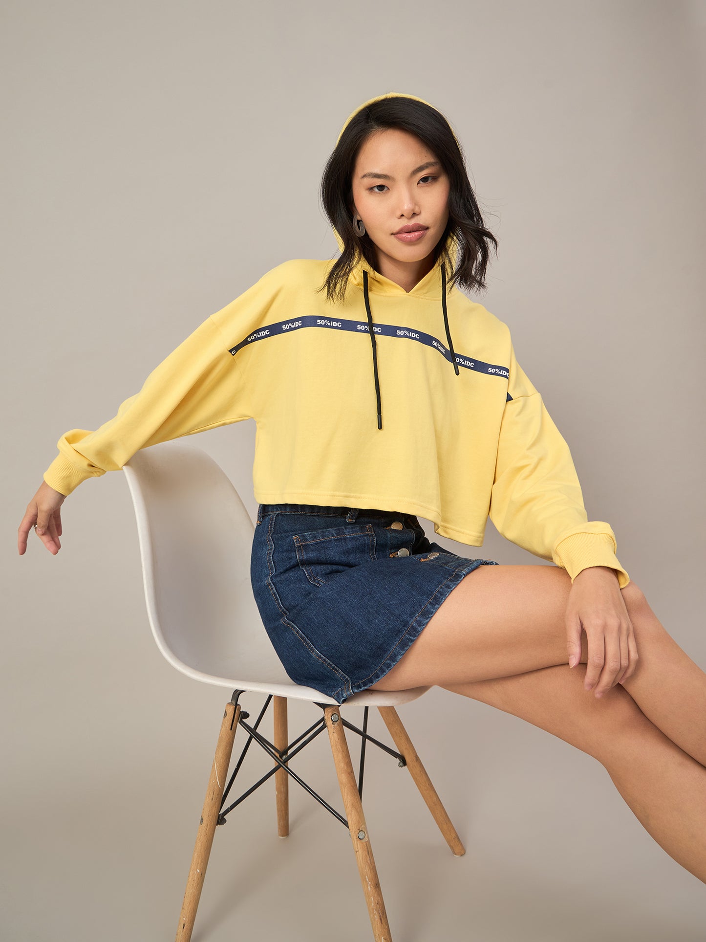 Yellow Women Solid Cropped Hoodie Sweatshirt