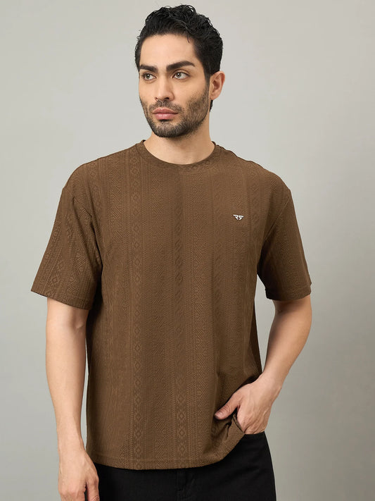 Men Oversized Textured Round Neck Drop Shoulder T-shirt Brown