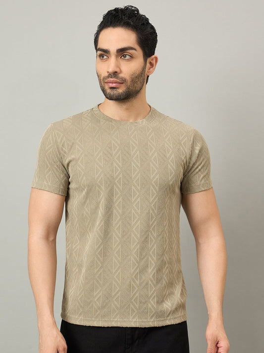 Men Textured Round Neck T-shirt Beige