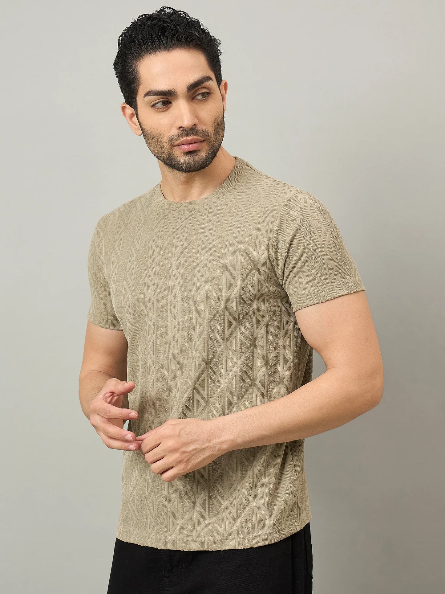 Men Textured Round Neck T-shirt Beige