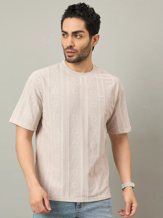 Men Oversized Round Neck Drop Shoulder T-shirt Cream