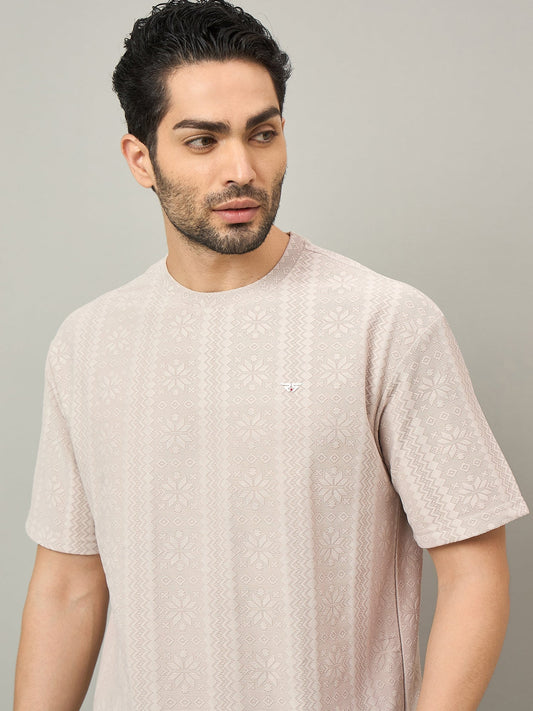 Men Oversized Round Neck Drop Shoulder T-shirt Cream