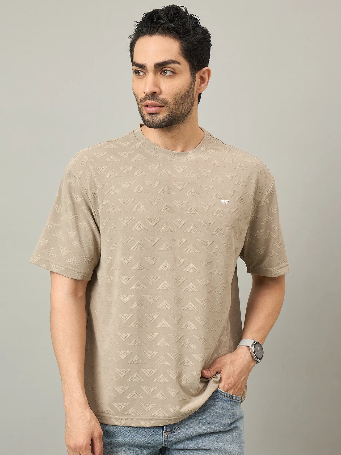 Men Oversized Round Neck Drop Shoulder T-shirt Beige