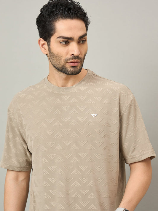 Men Oversized Round Neck Drop Shoulder T-shirt Beige