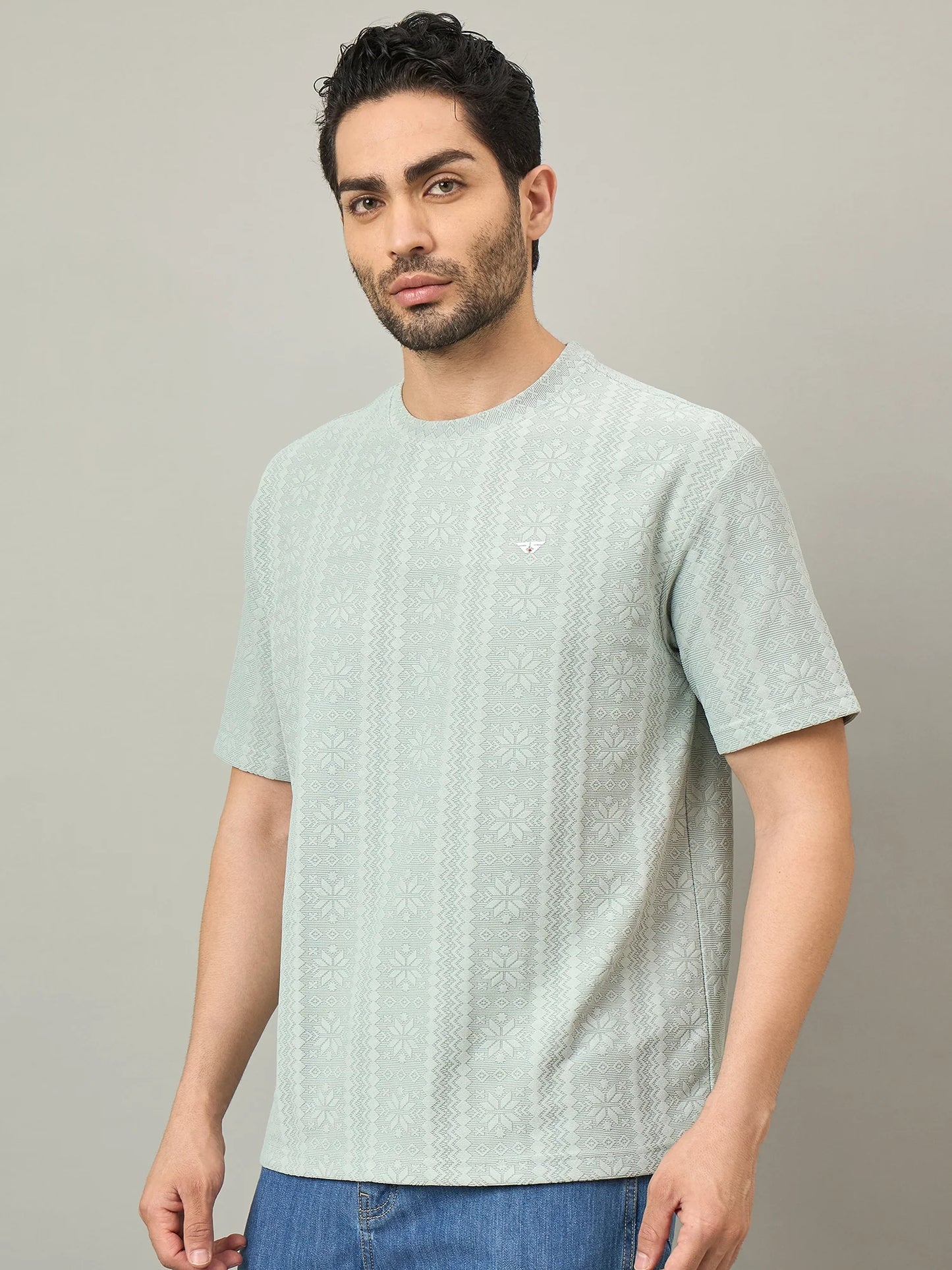 Men Oversized Textured Round Neck Drop Shoulder T-shirt Sage