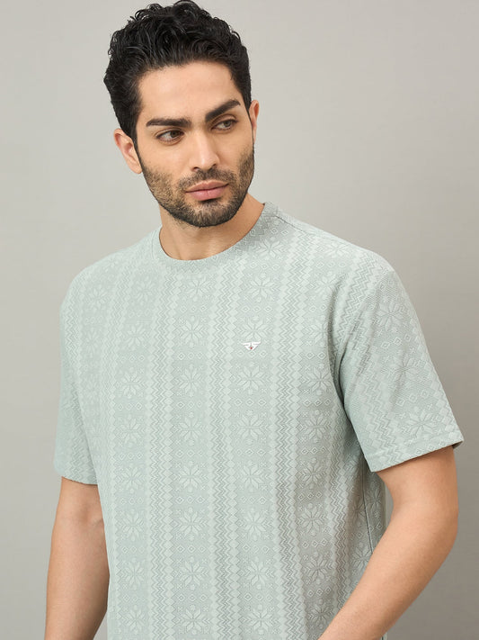 Men Oversized Textured Round Neck Drop Shoulder T-shirt Sage