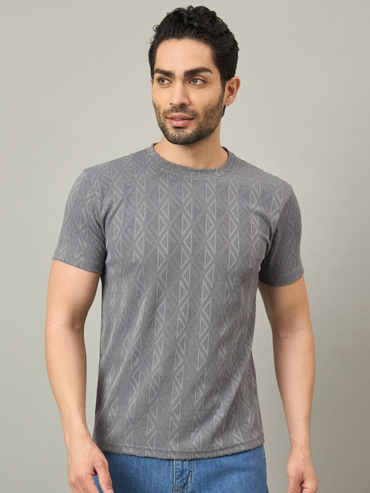 Men Textured Round Neck T-shirt Grey