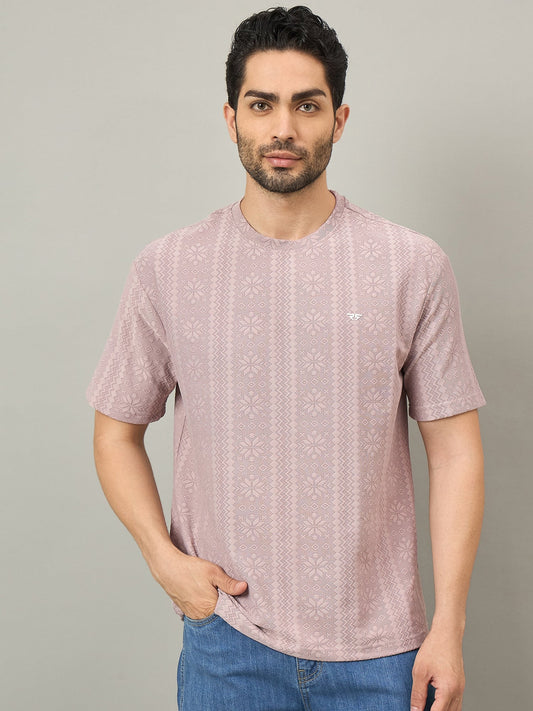 Men Oversized Textured Round Neck Drop Shoulder T-shirt Pink