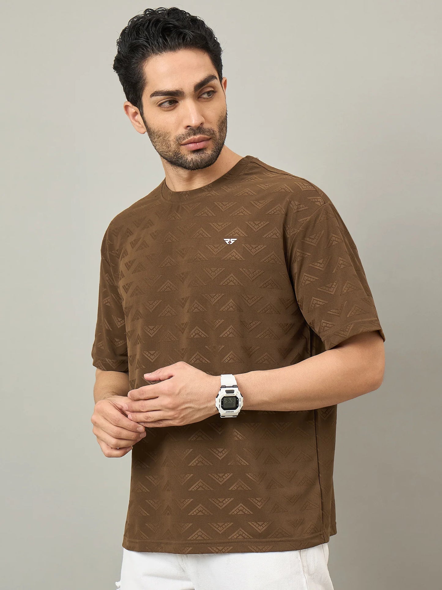 Men Oversized Textured Round Neck T-shirt Brown