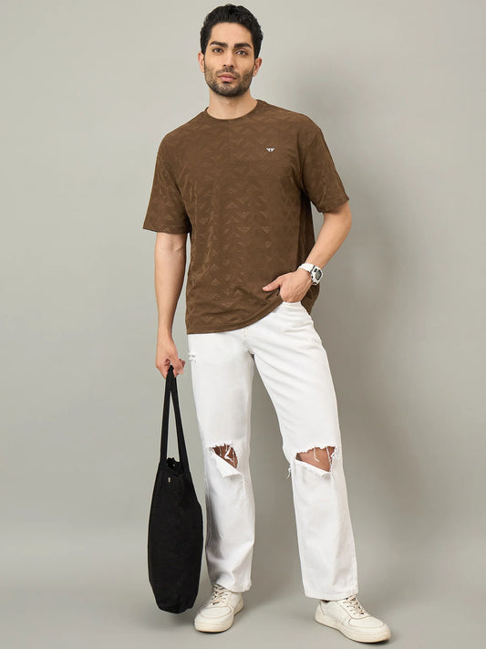 Men Oversized Textured Round Neck T-shirt Brown
