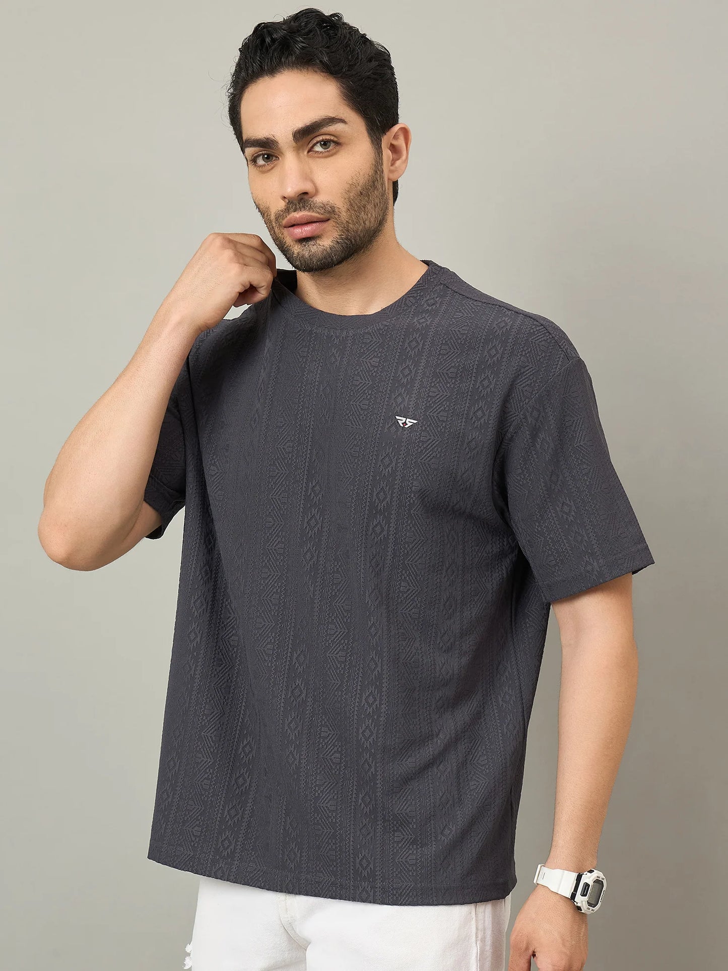 Men Oversized Textured Round Neck Drop Shoulder T-shirt Grey