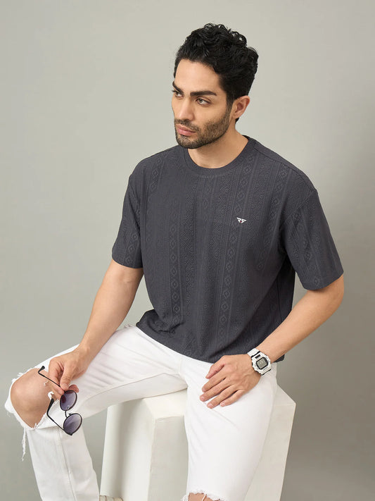 Men Oversized Textured Round Neck Drop Shoulder T-shirt Grey