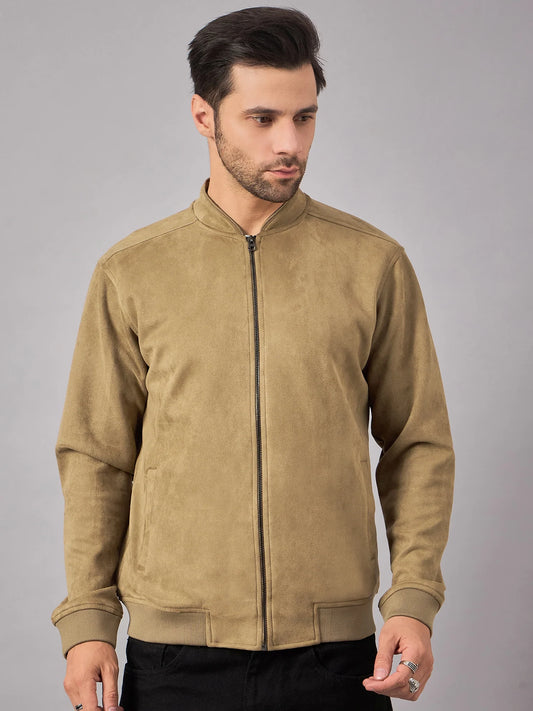Men Stand Collar Bomber Suede Jacket Tan - Reprise