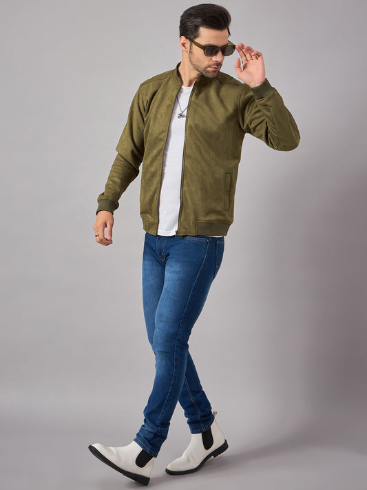 Olive Suede Jacket With Stand Collar