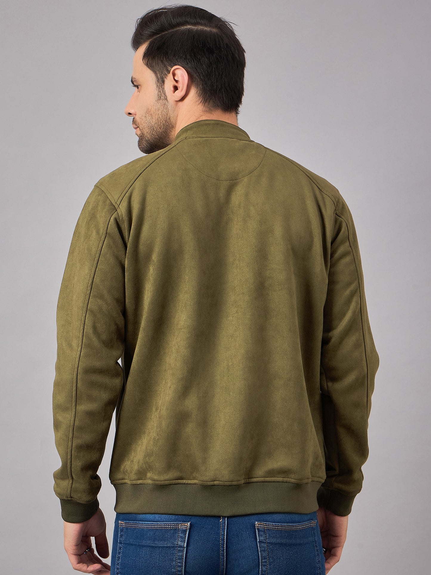 Olive Suede Jacket With Stand Collar