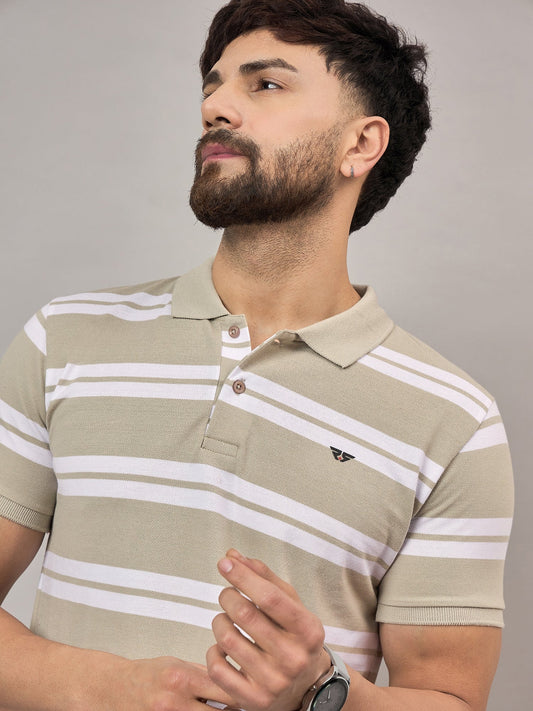 Men Beige Striped Polo T-Shirt