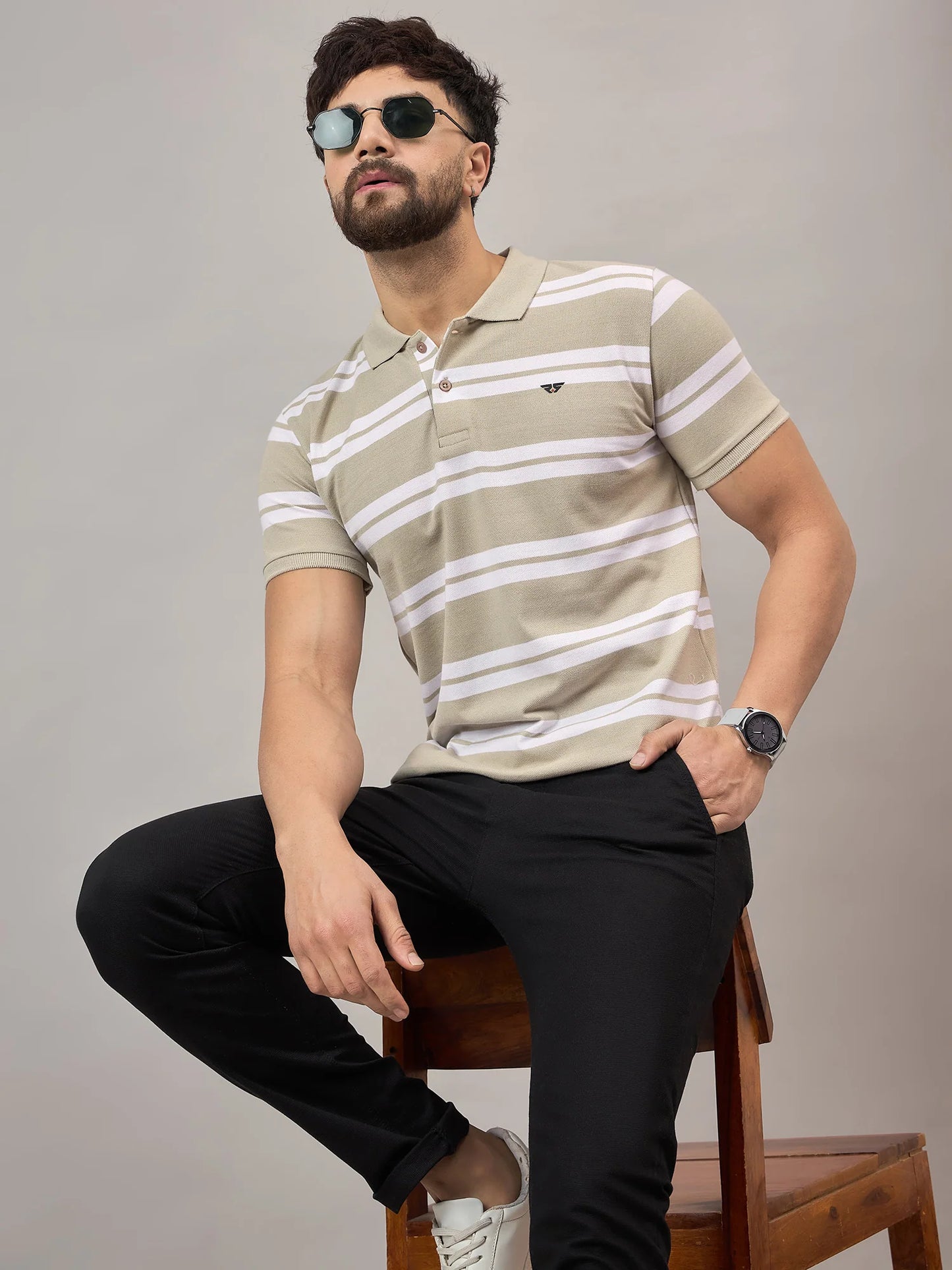 Men Beige Striped Polo T-Shirt