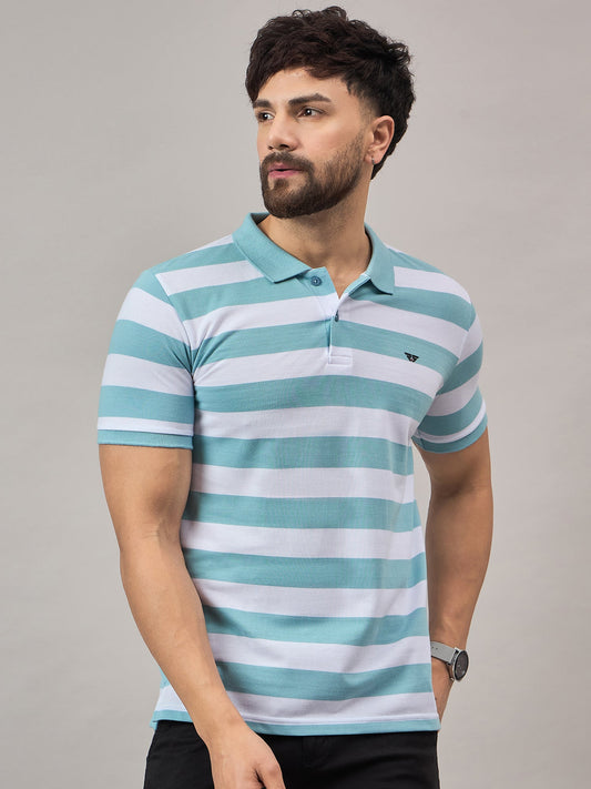 Men Sky Blue Striped Polo T-Shirt - Reprise