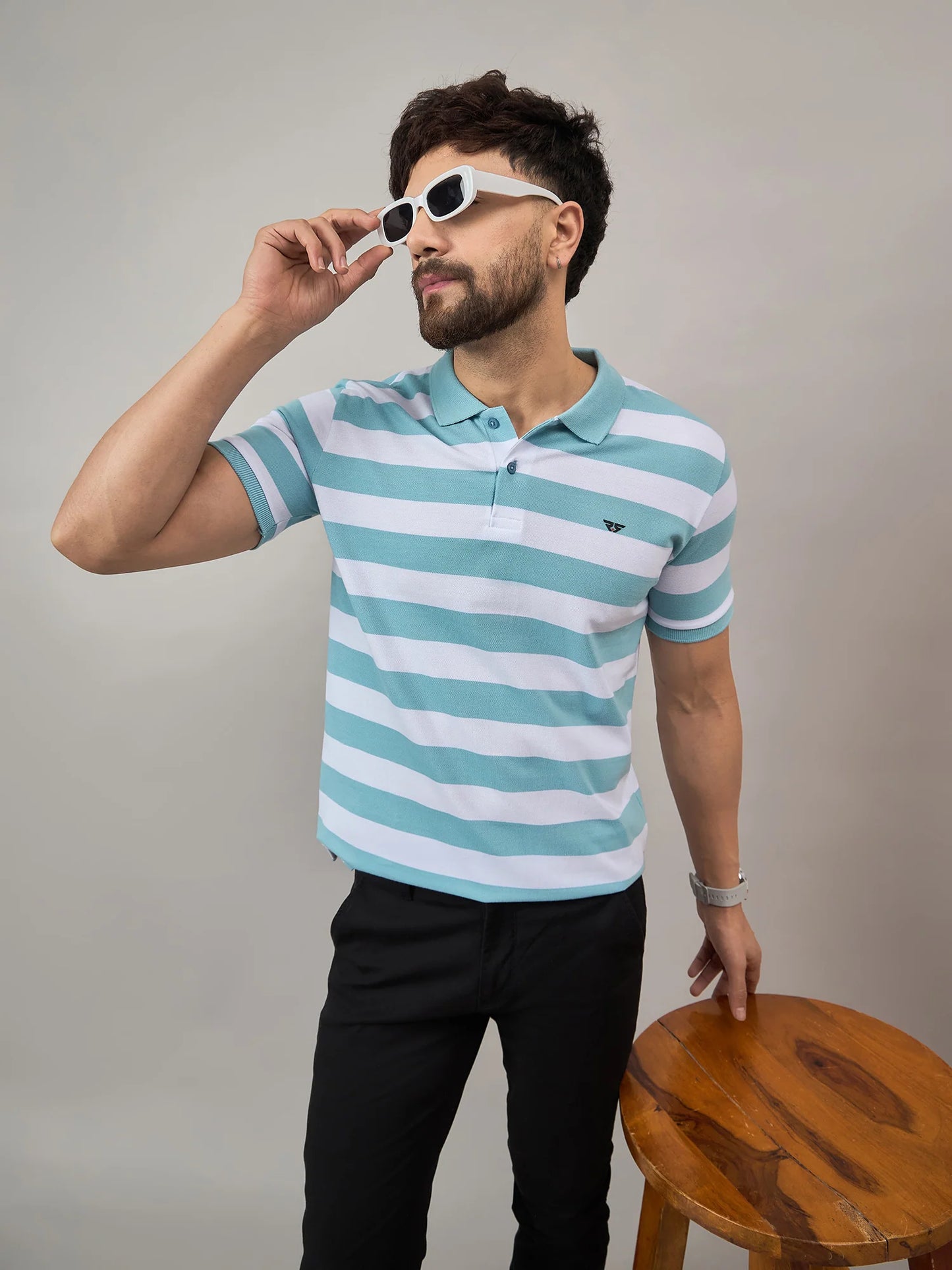 Men Sky Blue Striped Polo T-Shirt - Reprise