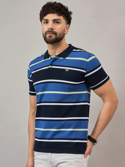 Men Blue Striped Polo T-Shirt - Reprise