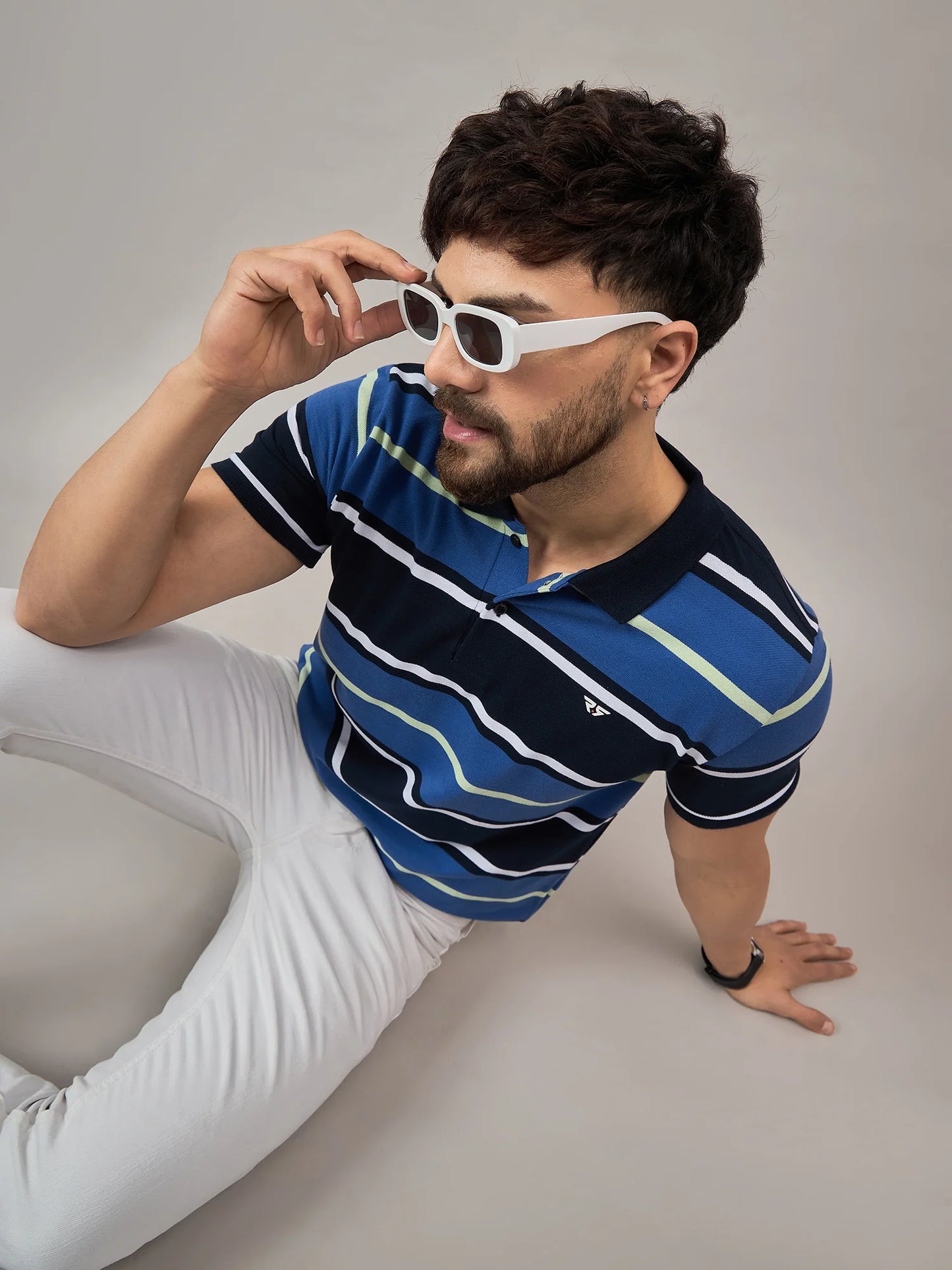 Men Blue Striped Polo T-Shirt - Reprise