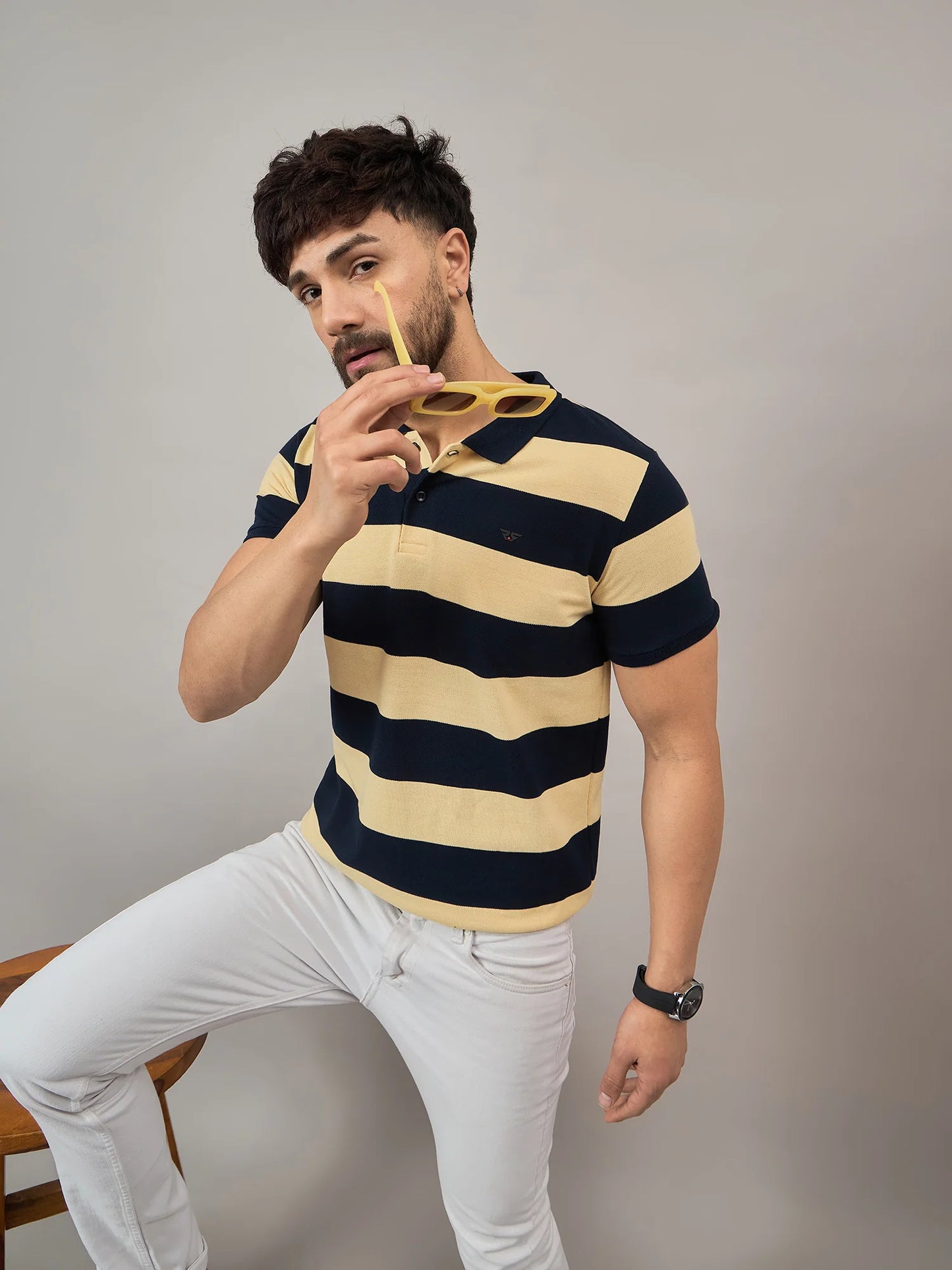 Men Yellow Striped Polo T-Shirt - Reprise
