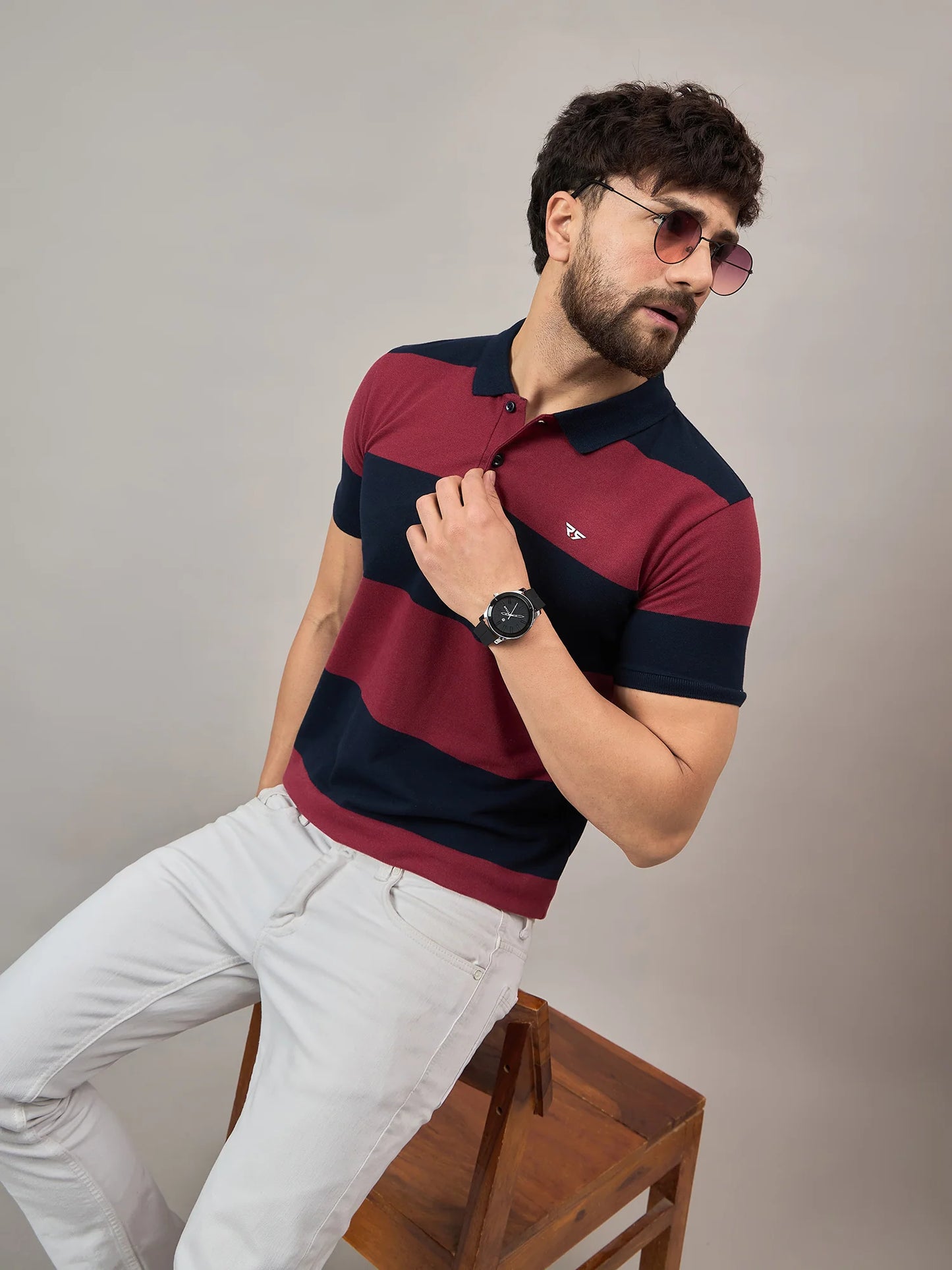 Men Maroon Striped Polo T-Shirt - Reprise