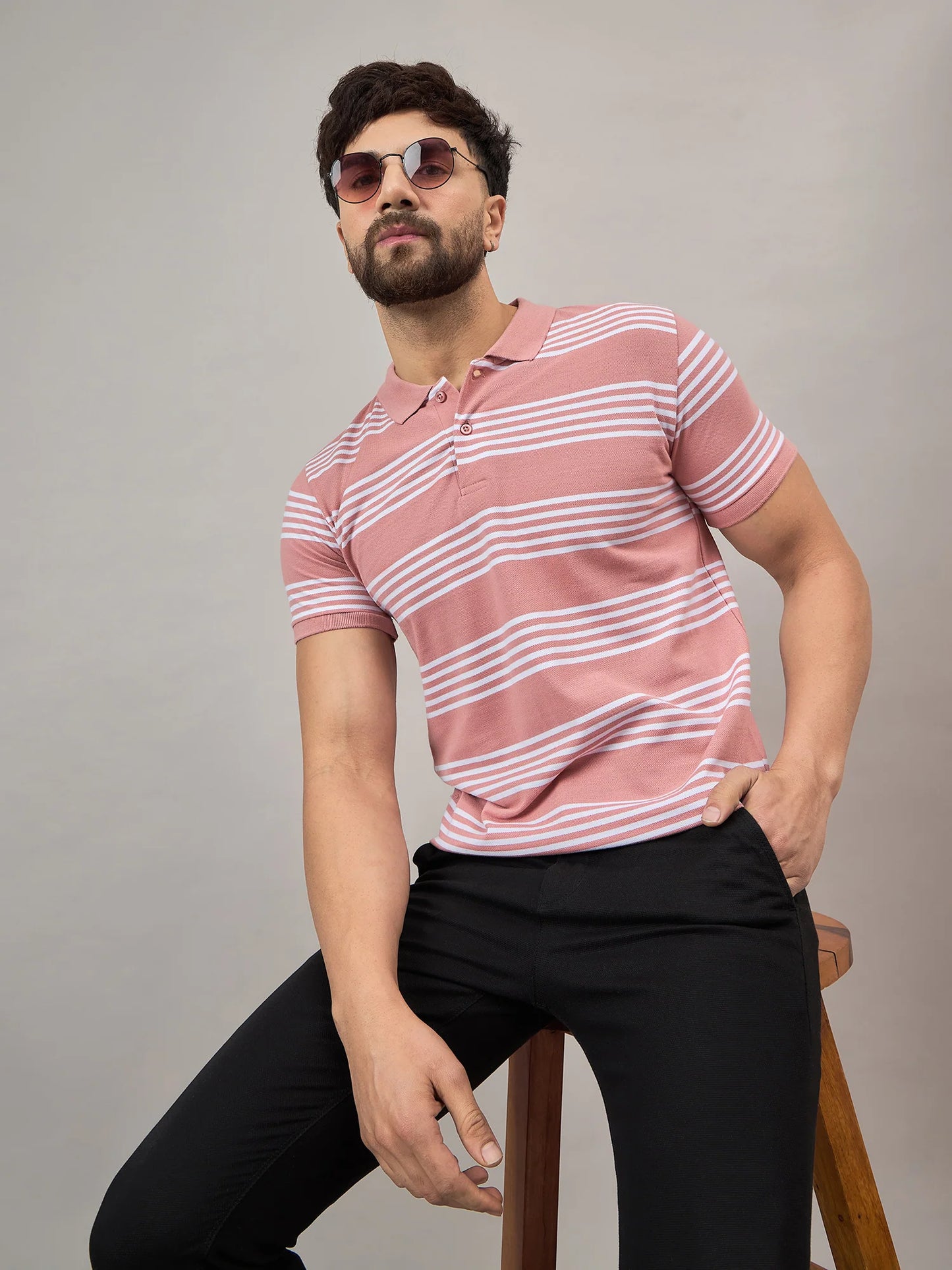 Men Pink Striped Polo T-Shirt - Reprise