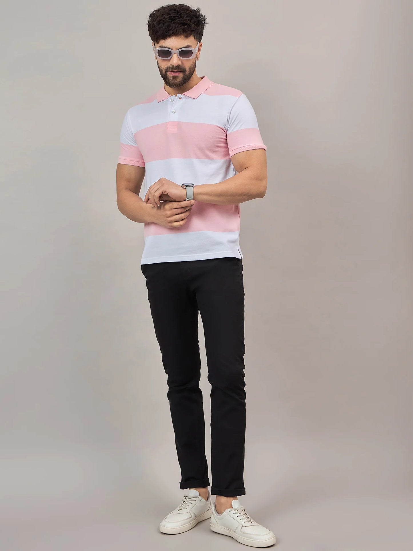 Men Dark Pink Striped Polo T-Shirt - Reprise