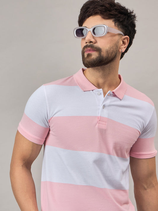 Men Dark Pink Striped Polo T-Shirt - Reprise