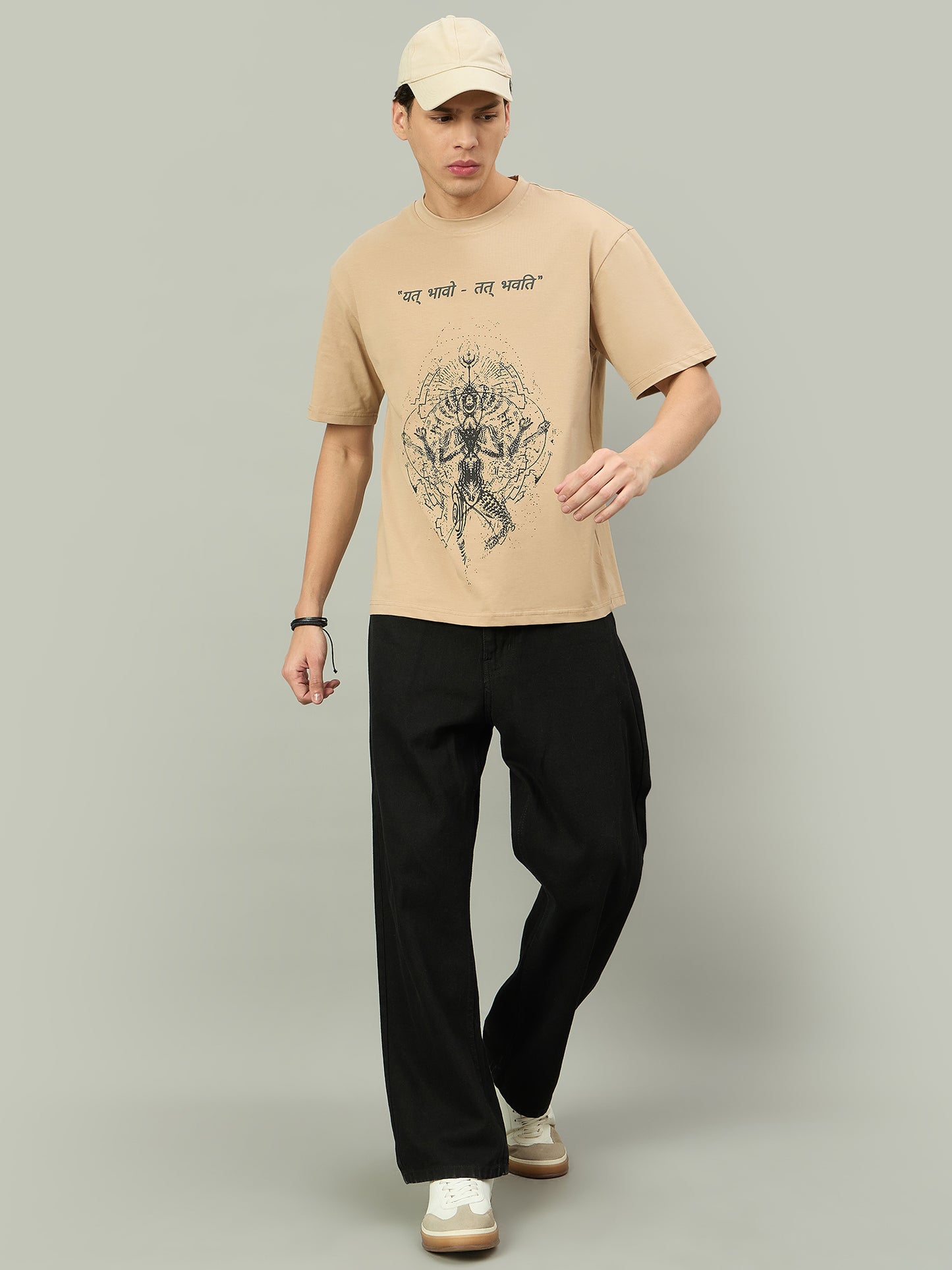 Men Summer Beige Solid Round Neck Half Sleeve Hindi Wording Tshirt