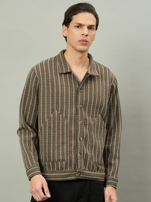 Men Brown Winter Textured Full Sleeve Shacket