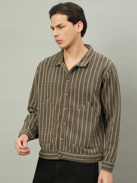 Men Brown Winter Textured Full Sleeve Shacket