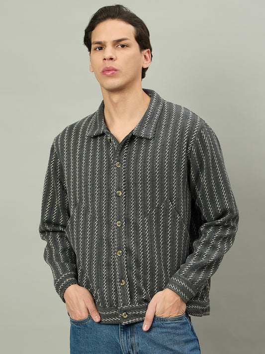 Men Grey Winter Textured Full Sleeve Shacket