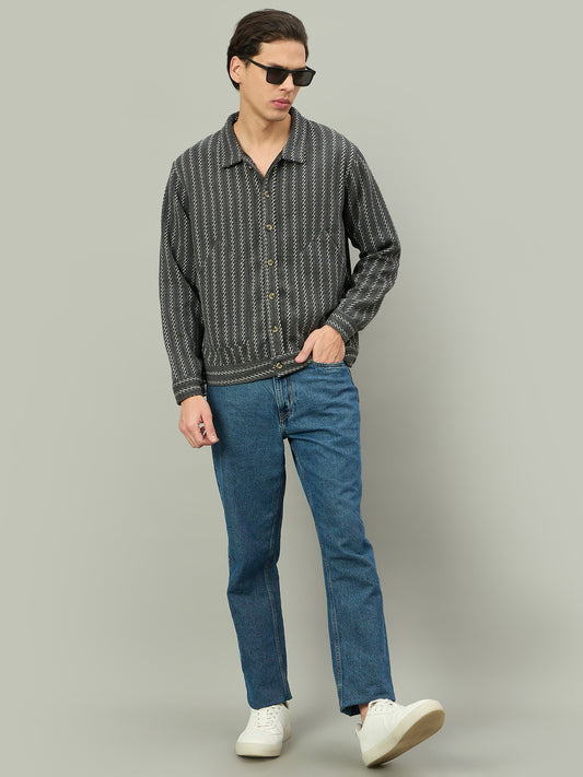Men Grey Winter Textured Full Sleeve Shacket - Reprise