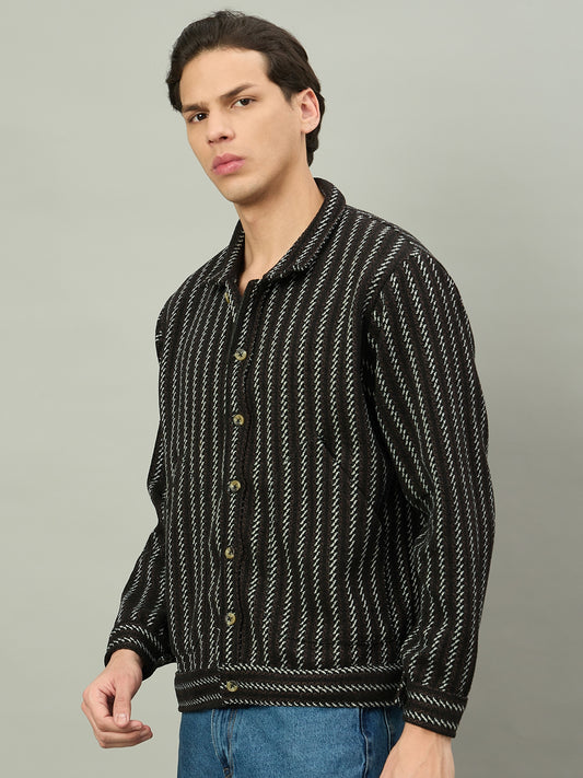 Men Black Winter Textured Full Sleeve Shacket