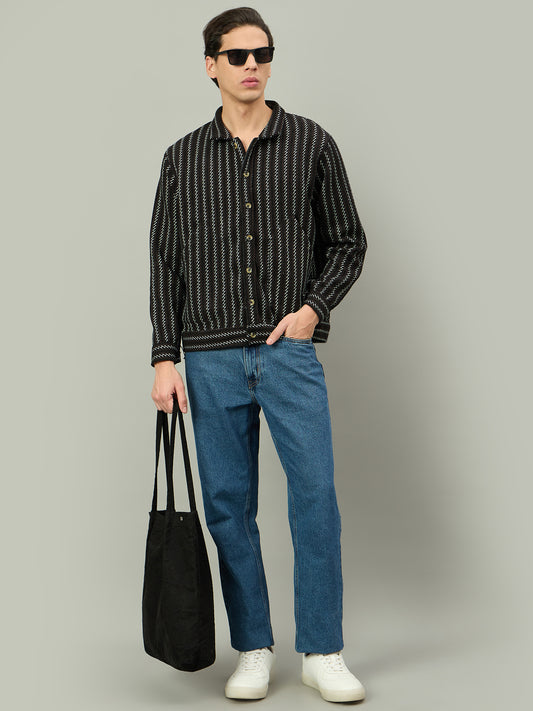 Men Black Winter Textured Full Sleeve Shacket