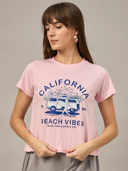 Women Printed Regular Fit T-shirt Pink