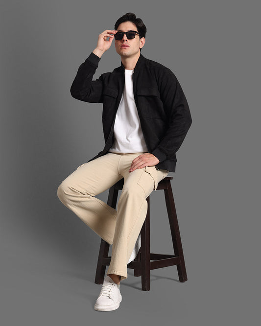 Men Black Stand Collar Bomber Suede Jacket - Reprise