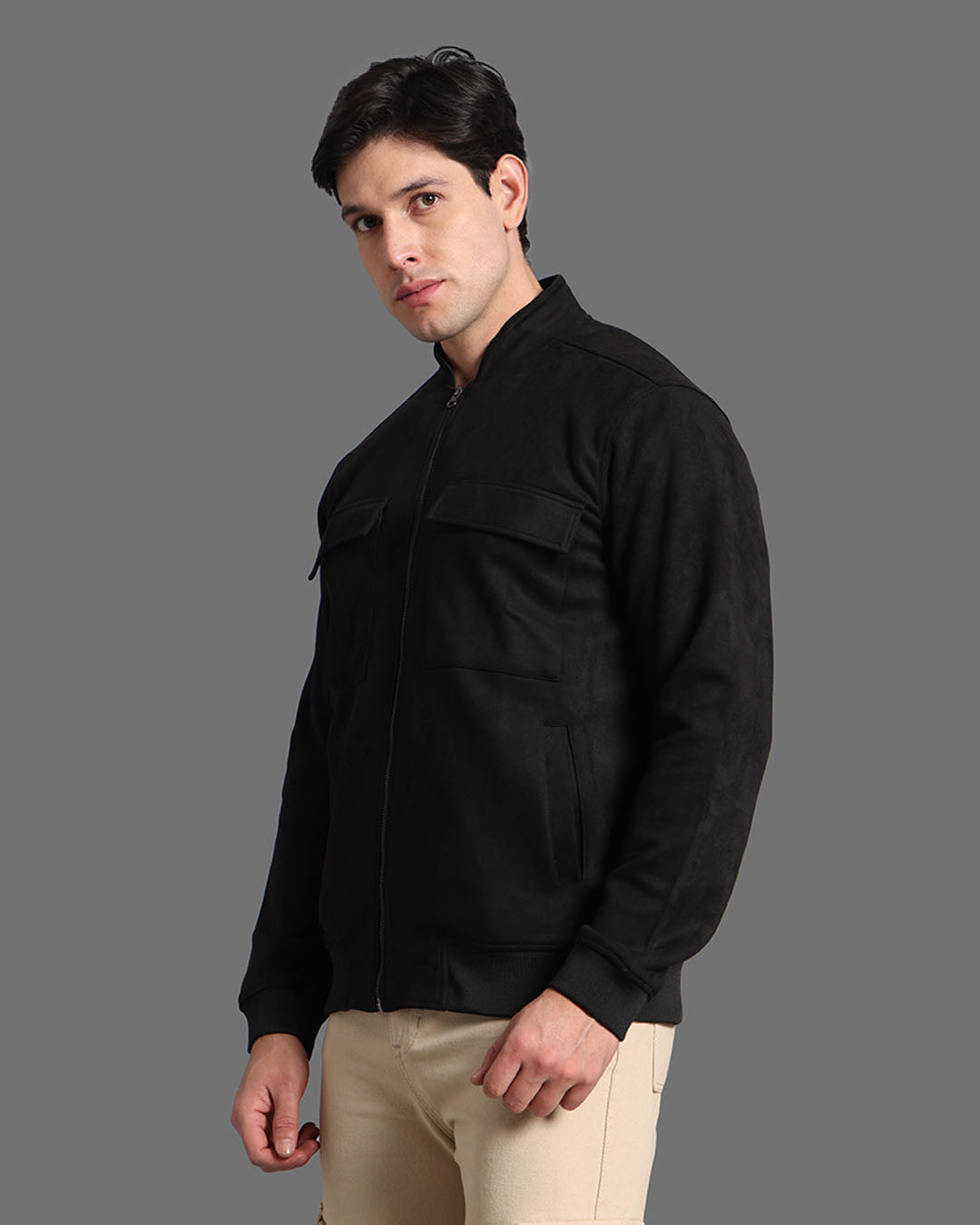 Men Black Stand Collar Bomber Suede Jacket - Reprise