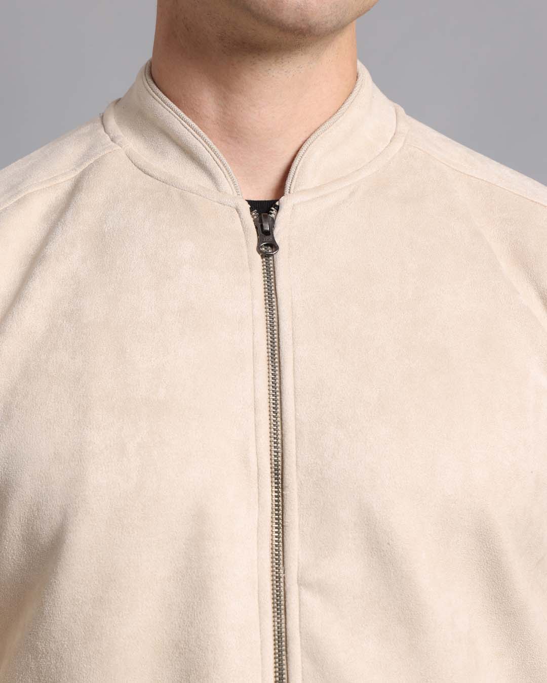 Off White Suede Jacket With Stand Collar